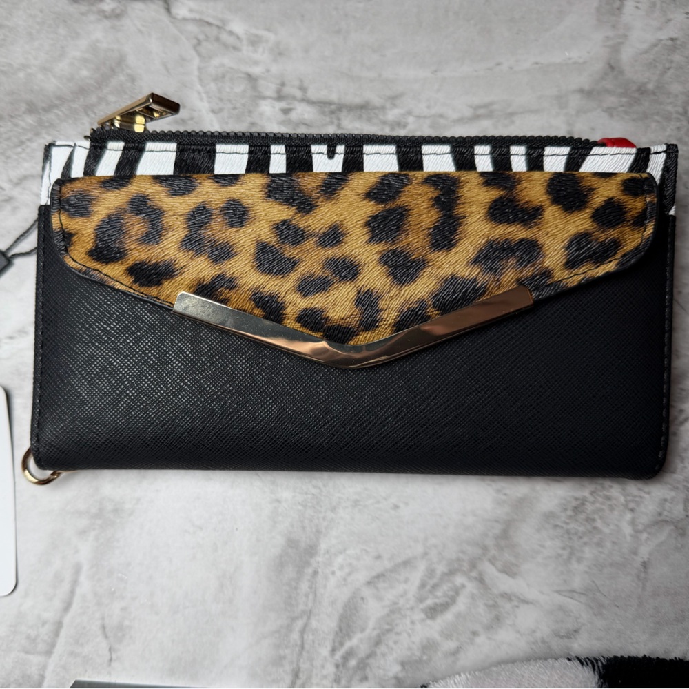 NWT Black and animal print envelope clutch bag or wallet with gold hardware.